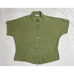 Bryan Walker Linen Top Women's Large Green Button Up Boxy Short Sleeve Shirt